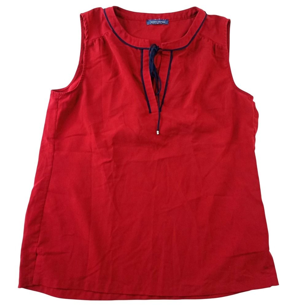 Tommy Hilfiger Womens Red Sleeveless Split Neck Tie Blouse‎ Navy Trim